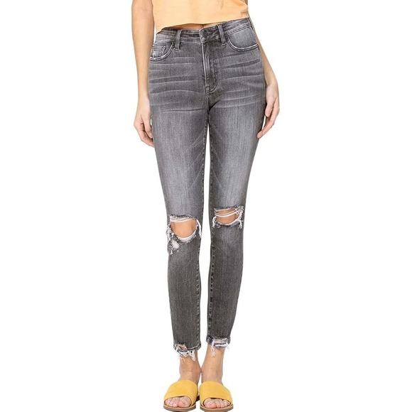 Vervet Distressed Straight Leg‎ Jeans Cropped Raw Hem  Gray Wash Denim Size 30 - Picture 1 of 11